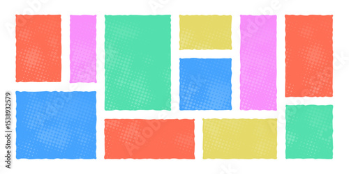 Set of colorful vector rectangles with halftone dots and soft gradient backgrounds. Ideal for pop art designs, stickers, scrapbook elements, labels, or retro comic templates.