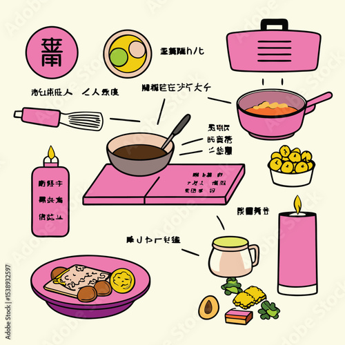 A Black and White Cooking Illustration Showcasing Various Japanese Sweets and Utensils Preparation Steps