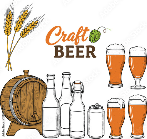 Craft beer elements illustration with pint glasses, bottles, wooden barrel, wheat, hops, hand drawn style vector for brewery, pub, bar, beverage design
