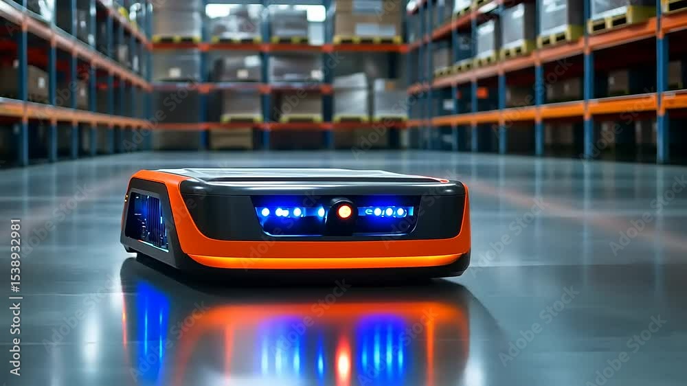 Autonomous delivery robot navigating through a warehouse filled with stacked boxes and shelves (1) Autonomous delivery robot navigating through a warehouse filled with stacked boxes and shelves (1)