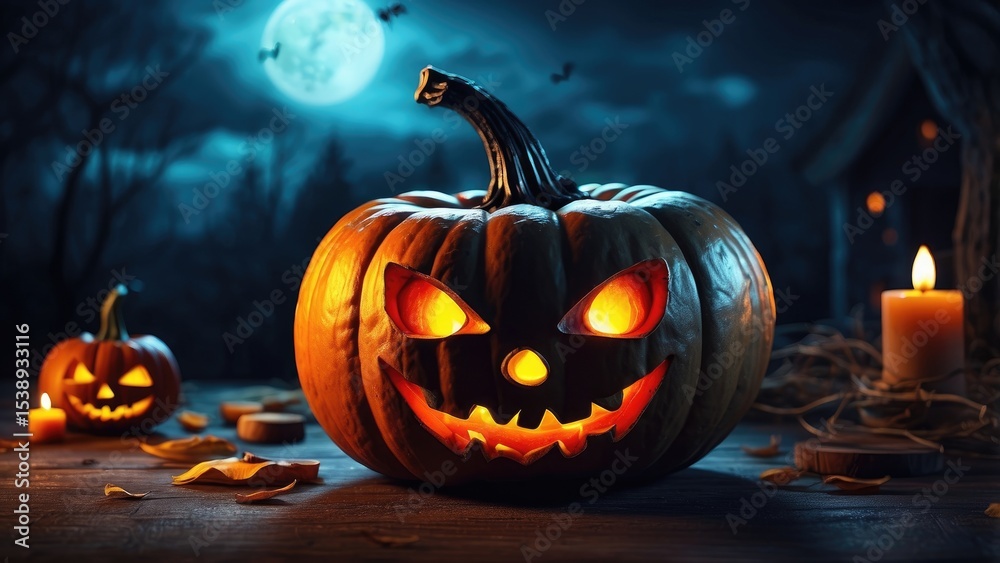 Fototapeta premium A large, menacing jack-o'-lantern with glowing orange eyes and a jagged smile sits at the center