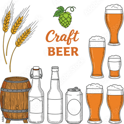Craft beer illustration set with hops, wheat, pint glasses, beer bottles, wooden barrel, and can, hand drawn vintage style brewing ingredients collection