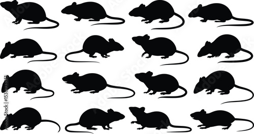 A collection of sixteen black mouse silhouettes on a white background