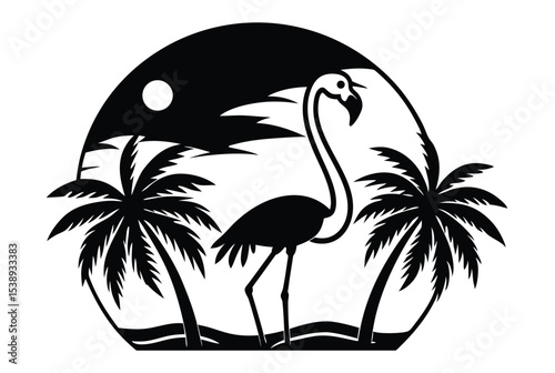 Cute flamingo with palm trees and sunset silhouette illustration for summer t shirt design