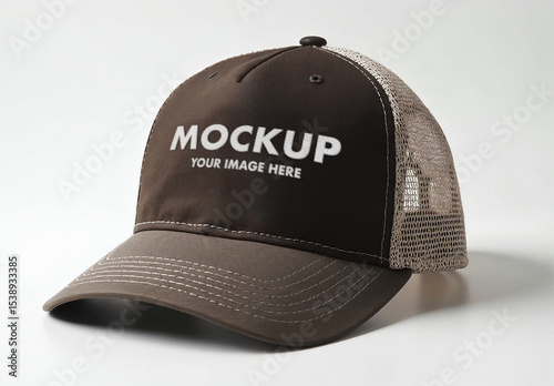 Dark Brown Trucker Cap Mockup with Beige Mesh on a White Clean Background