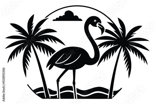 Cute flamingo with palm trees and sunset silhouette illustration for summer t shirt design