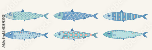 Set of hand-drawn funny sardine icons. Cute and quirky Mediterranean fish. Great for packaging, menus, and seafood branding. Vector illustration.