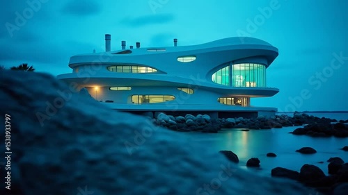 Coastal Architecture Futuristic Building Design at Twilight