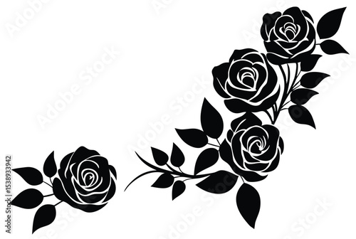 Floral corner design with rose and leaf silhouette vector illustration for decoration
