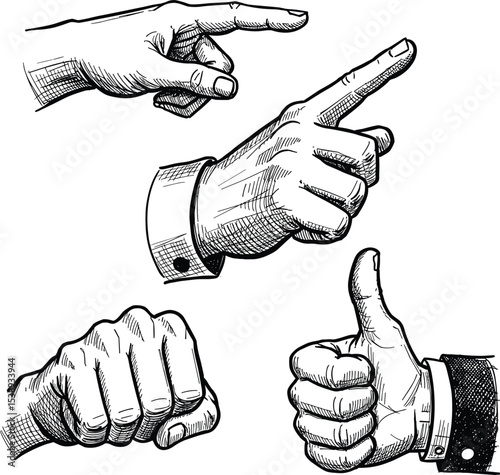 Vintage sketch of hand gestures including pointing, fist, and thumbs up, retro illustration style for signage, symbol, communication, expression, and gesture icons