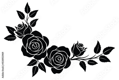 Floral corner design with rose and leaf silhouette vector illustration for decoration