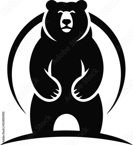 A black bear standing with a circle behind it on a light background