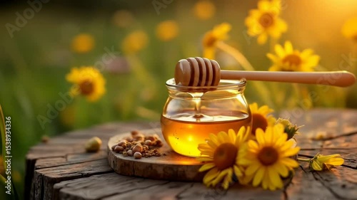 Pouring Natural Honey into Glass Jar with Wooden Dipper in Sunny Field