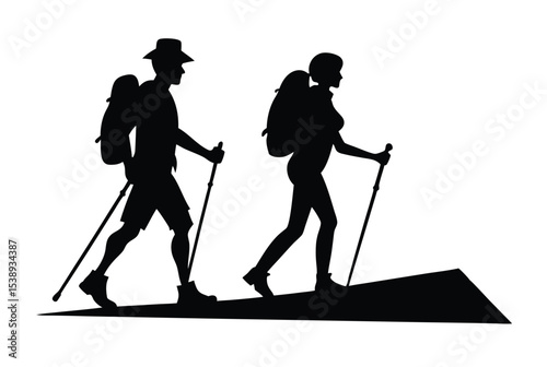 Silhouette Vector of Hiking Men and Women for Mountain Trekking and Camping Themed Artwork