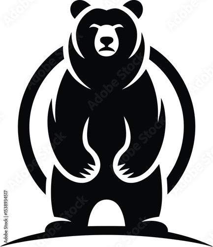 A black bear standing on its hind legs inside of a circular shape