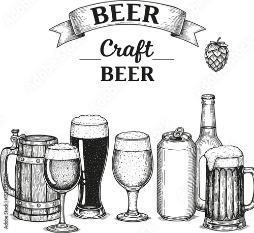 Vintage craft beer illustration with various mugs and glasses, frothy drinks, hops and banner, retro drawing for brewing, alcohol design