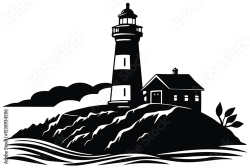 Lighthouse silhouette vector illustration peaceful coastal scene beacon guiding ships at sea calm sunset