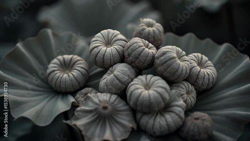 Arrangement of Small Pumpkins on a Large Leaf Still Life