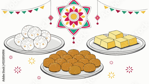 Festive spread of traditional indian sweets, including gulab jamun, peda, and barfi, isolated on white background with colorful bunting
