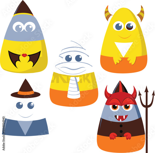 Cute Halloween Candy Corn Characters in Costume on White Background