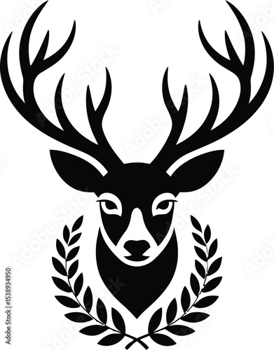 Black deer head with antlers and laurel wreath on a white background