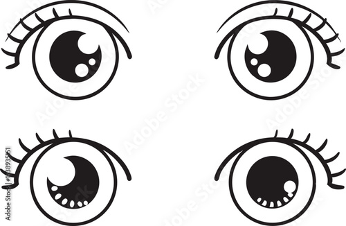 Four pairs of cartoon eyes in black and white illustration