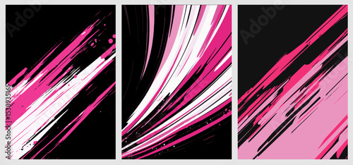Vector illustration in abstract line art style shows bold dynamic pink, black, and white strokes on vertical panels. Energetic, modern background with sharp, flowing shapes and vivid contrast.