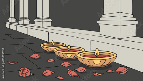 Three glowing diyas amidst scattered rose petals, set against a backdrop of stately columns