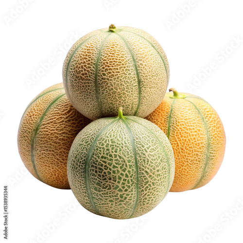 A Stack of Three Ripe and Juicy Cantaloupes Ready to Eat on Transparent PNG