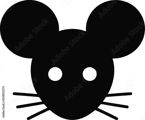 Black mouse head with whiskers and round ears on a checkered background