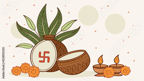 Auspicious coconut kalash with swastika, surrounded by marigolds and diyas, symbolizing prosperity and blessings