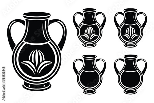 Elegant Black and White Amphoras Classic Vase Designs, Decorative Pottery Illustrations