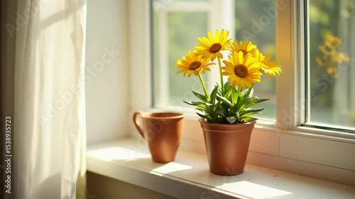 Yellow Flowers in Pot on Windowsill with Mug Natural Light