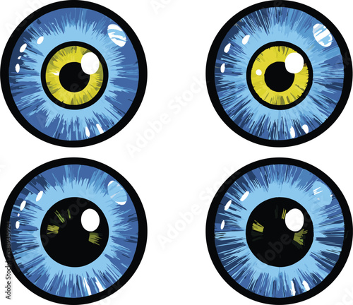Four stylized blue eyes with different pupil colors on white background