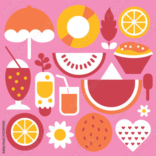 Ten Cheerful Summer Flat Lay Illustrations Pink Background Orange Yellow Red Watermelon Orange Slices Flowers Cupcake