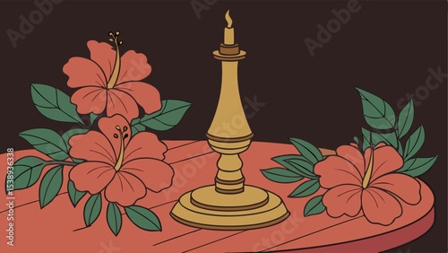 A golden candlestick stands amidst vibrant hibiscus blooms on a rustic wooden table, casting a warm glow against a dark backdrop