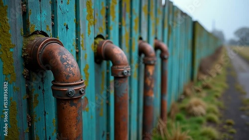 Rustic Pipes Emerging from Weathered Wood Fence Exterior Detail