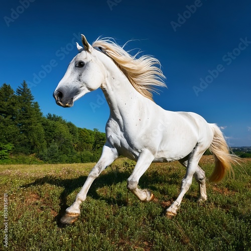 Majestic White Horse Galloping in Sunny Meadow with Lush Greenery and Blue Sky - Equine Beauty and Freedom