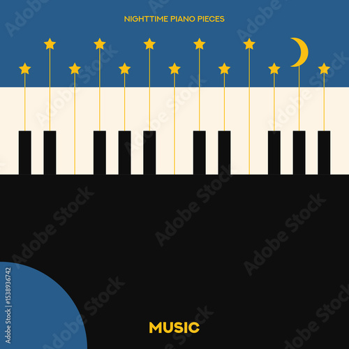 Piano. Musical poster for your design. Music elements design for card, invitation, flyer. Music background vector illustration. Music piano keyboard. Crescent symbol. Stars.
