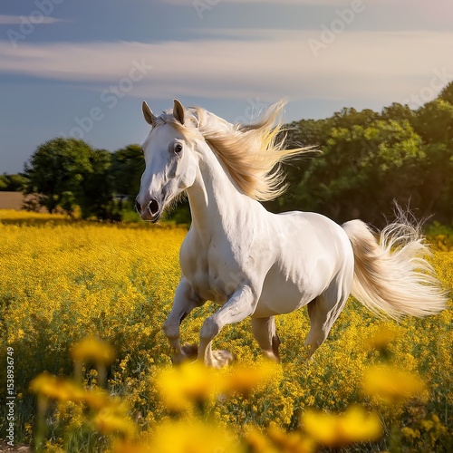 Majestic White Horse Galloping Through a Vibrant Yellow Flower Field on a Sunny Day, Freedom and Beauty in Nature, Equestrian Scene