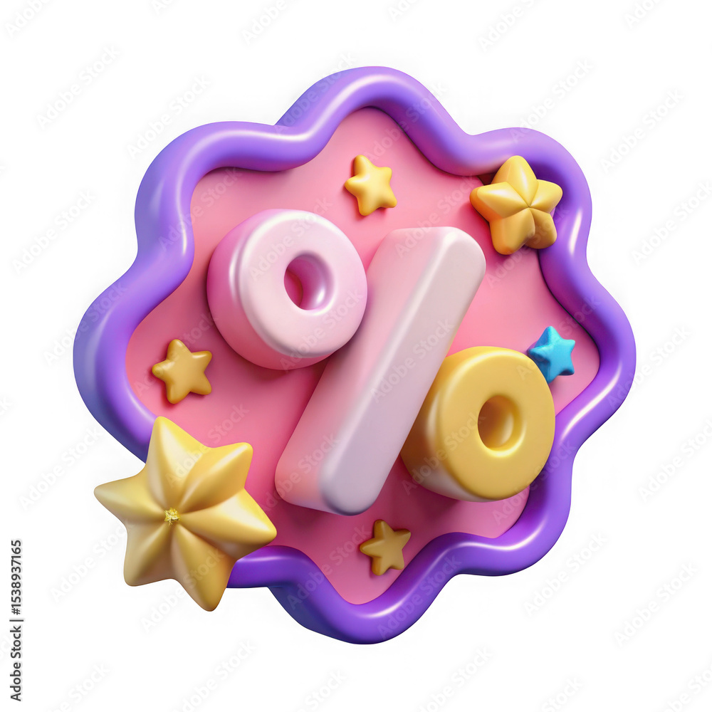 Fototapeta premium 3d rendered percentage sign with stars and colorful design isolated on black background