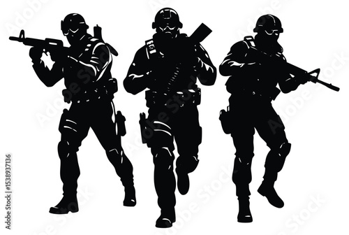 special forces tactical team silhouette action military soldiers vector illustration