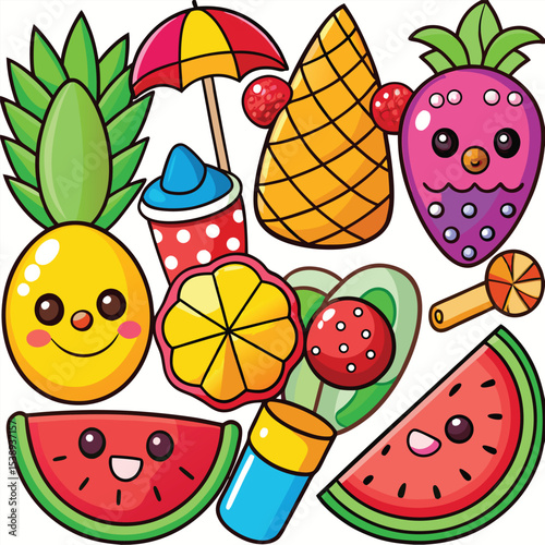 Colorful Summer Fruit Cartoon Illustrations Pineapple Watermelon Strawberry Beach Umbrella Drink Candy