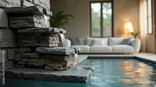 Water Flowing from Stone Waterfall into Indoor Pool Relaxing Ambiance