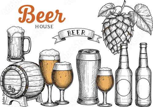 Beer illustration set with vintage barrel, mugs, glasses, bottles, hops, foam, hand drawn craft beer elements, alcohol beverage art