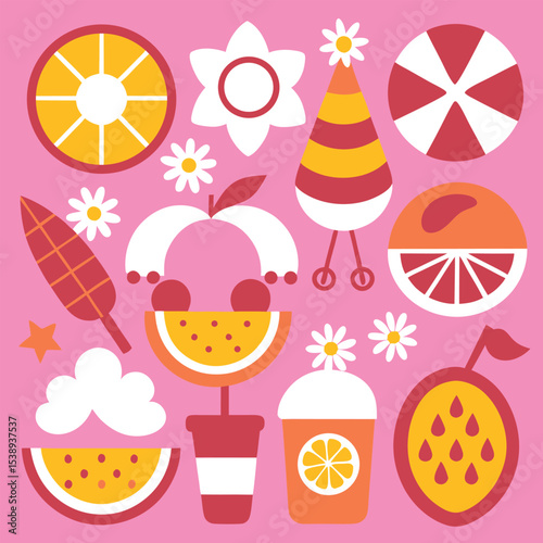Pink Background Summer Fruit Citrus Flower Collection Graphic Design Illustration Watermelon Orange Lemonade