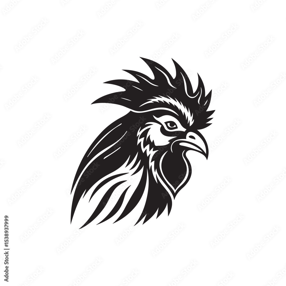 Fototapeta premium Bold Black and White Tribal Rooster Head Vector Illustration Fierce Profile Design, Isolated on White.
