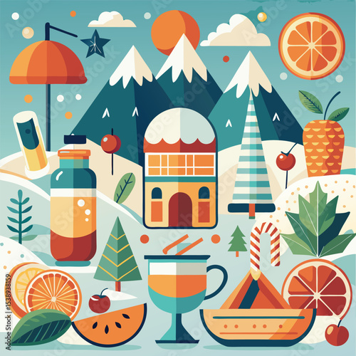 Colorful Winter Icon Collection Featuring Orange Slices Mountain Landscape Cozy Cabin and Festive Drinks