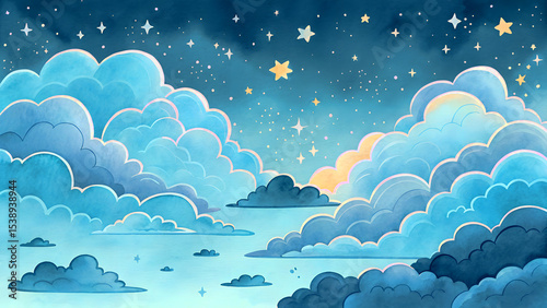 Hand-painted watercolor clouds in blue shades, fluffy sky elements for children's and fantasy designs