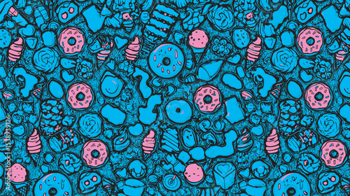 Sweets scattered display dessert delicacies amid cyan background details